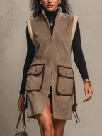 Taupe Faux Suede Shearling Trim Long Gilet