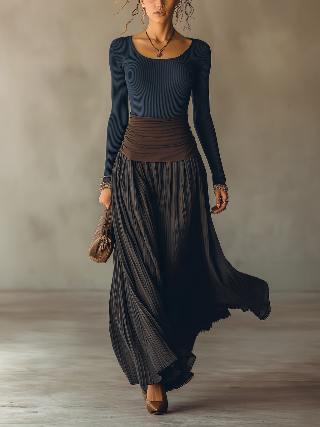 Navy Ribbed Scoop Neck Colour-block Pleated Maxi Dress