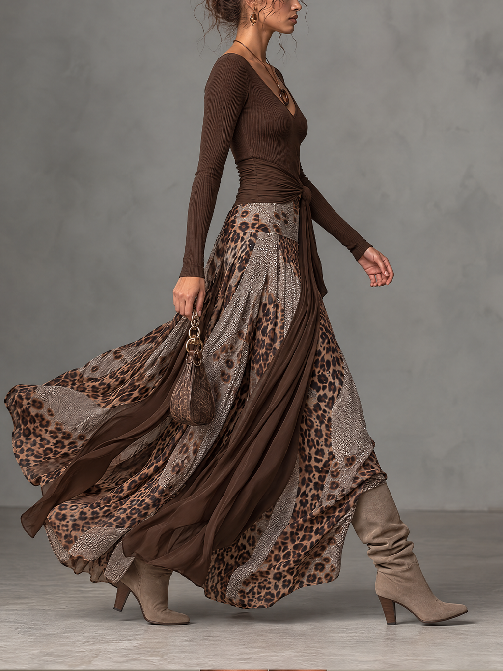 Brown Ribbed V-Neck Leopard Print Wrap Maxi Dress