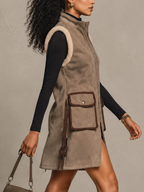 Taupe Faux Suede Shearling Trim Long Gilet