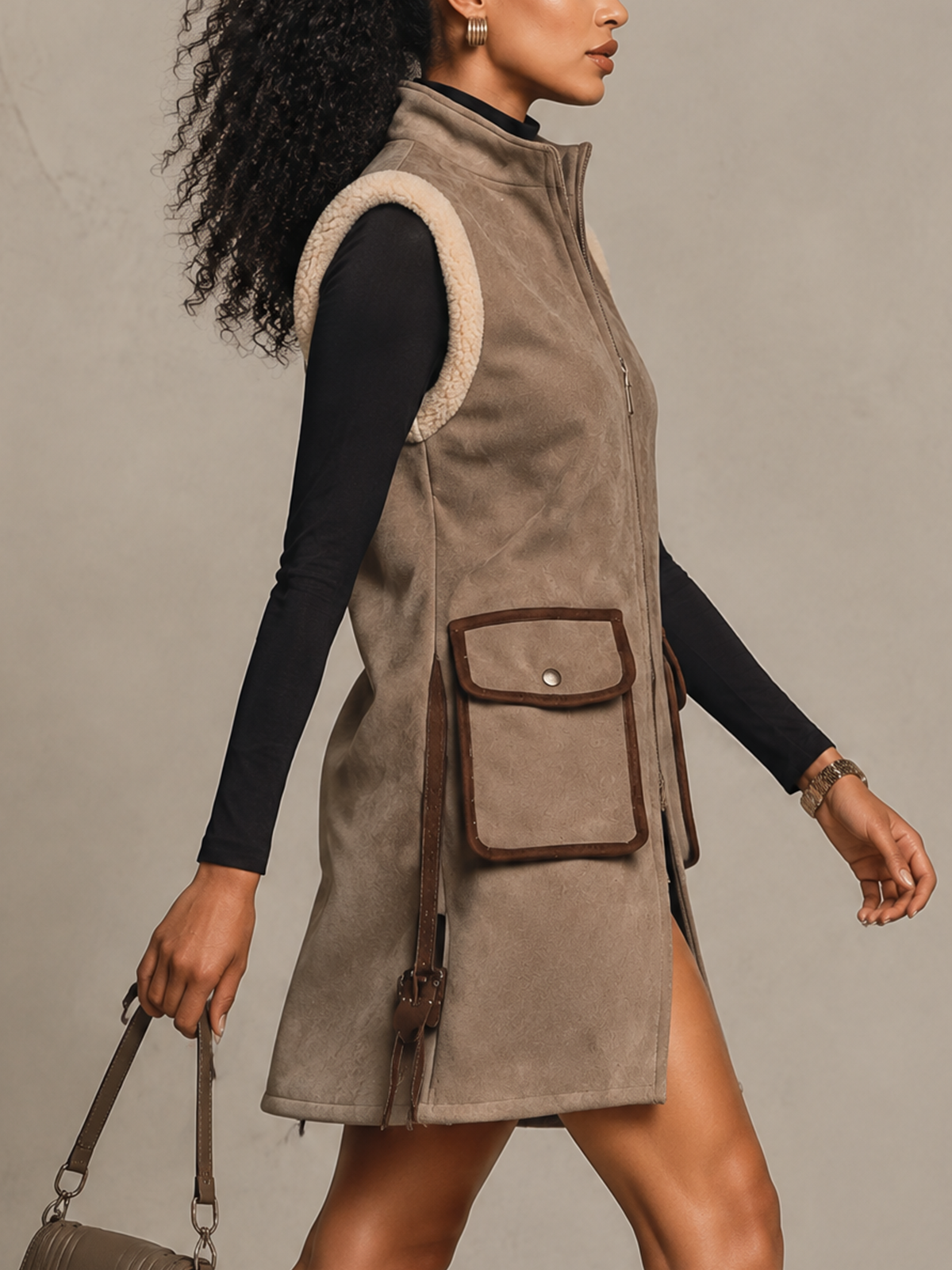 Taupe Faux Suede Shearling Trim Long Gilet