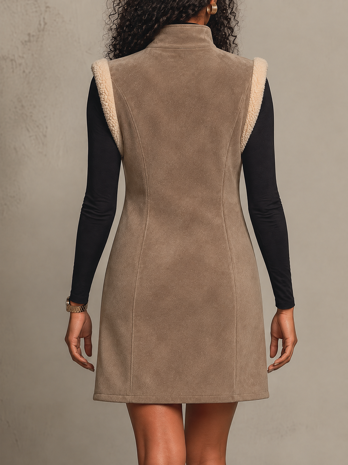 Taupe Faux Suede Shearling Trim Long Gilet