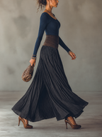 Navy Ribbed Scoop Neck Colour-block Pleated Maxi Dress