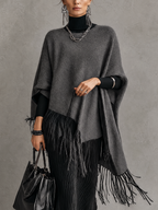 Heather Grey Wool Cape with Black Fringe Trim