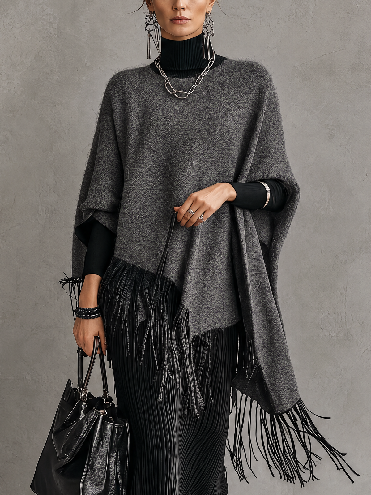 Heather Grey Wool Cape with Black Fringe Trim