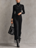 Black Ribbed Knit Roll Neck Maxi Dress