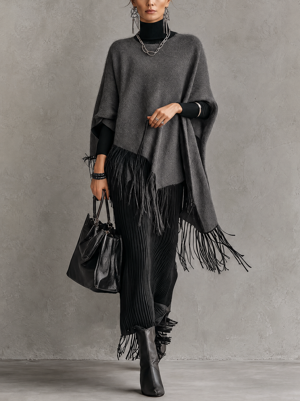 Black Ribbed Knit Roll Neck Maxi Dress
