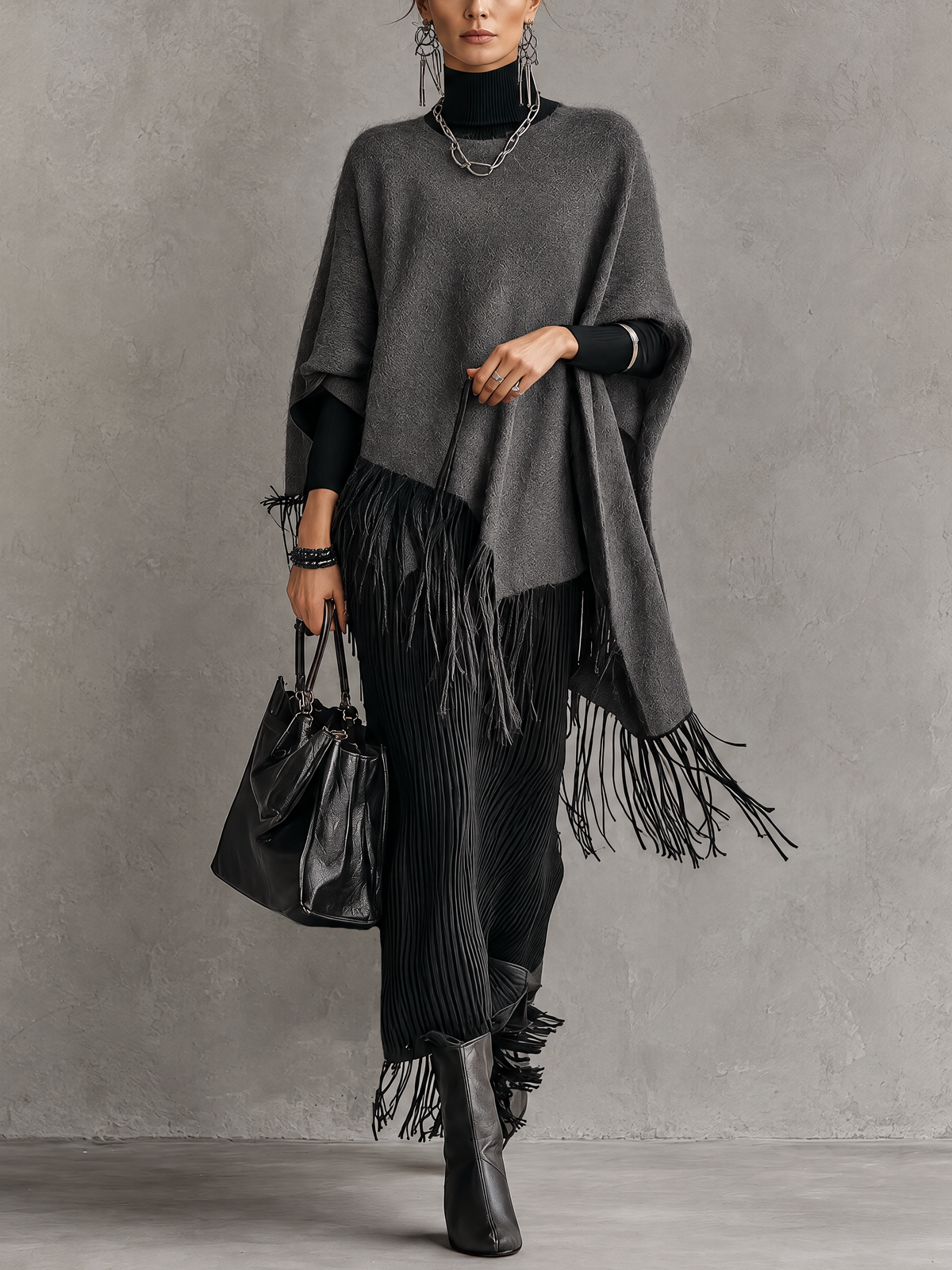 Black Ribbed Knit Roll Neck Maxi Dress