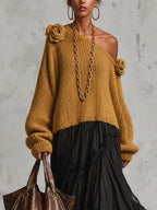 Mustard Off Shoulder Chunky Knit Spliced Chiffon Midi Dress