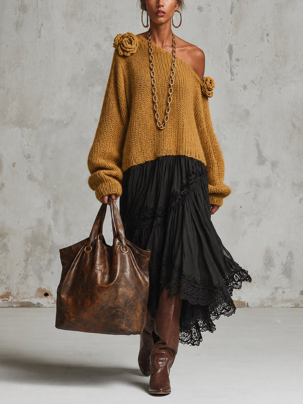Mustard Off Shoulder Chunky Knit Spliced Chiffon Midi Dress