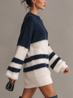 Navy and White Striped Fuzzy Knit Mini Jumper Dress