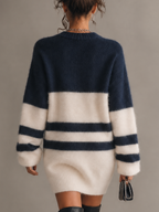 Navy and White Striped Fuzzy Knit Mini Jumper Dress