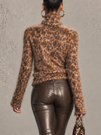Leopard Print Fuzzy Roll Neck Long Sleeve Top