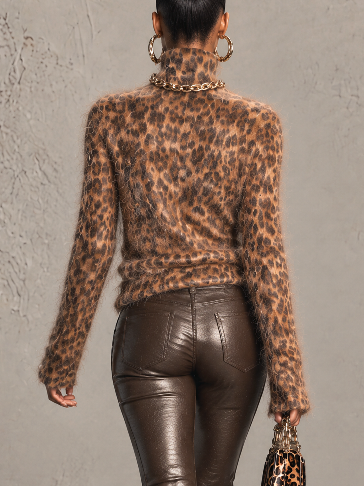 Leopard Print Fuzzy Roll Neck Long Sleeve Top