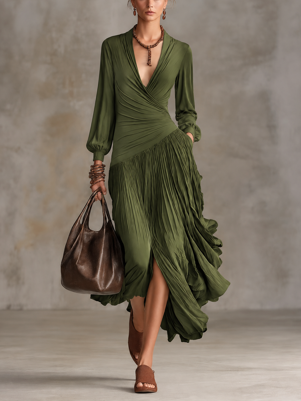 Olive Green Wrap V-Neck Pleated Long Sleeve Maxi Dress