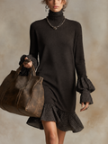 Black Knit Polka Dot Mock Neck Ruffle Mini Dress