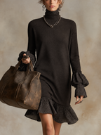 Black Knit Polka Dot Mock Neck Ruffle Mini Dress