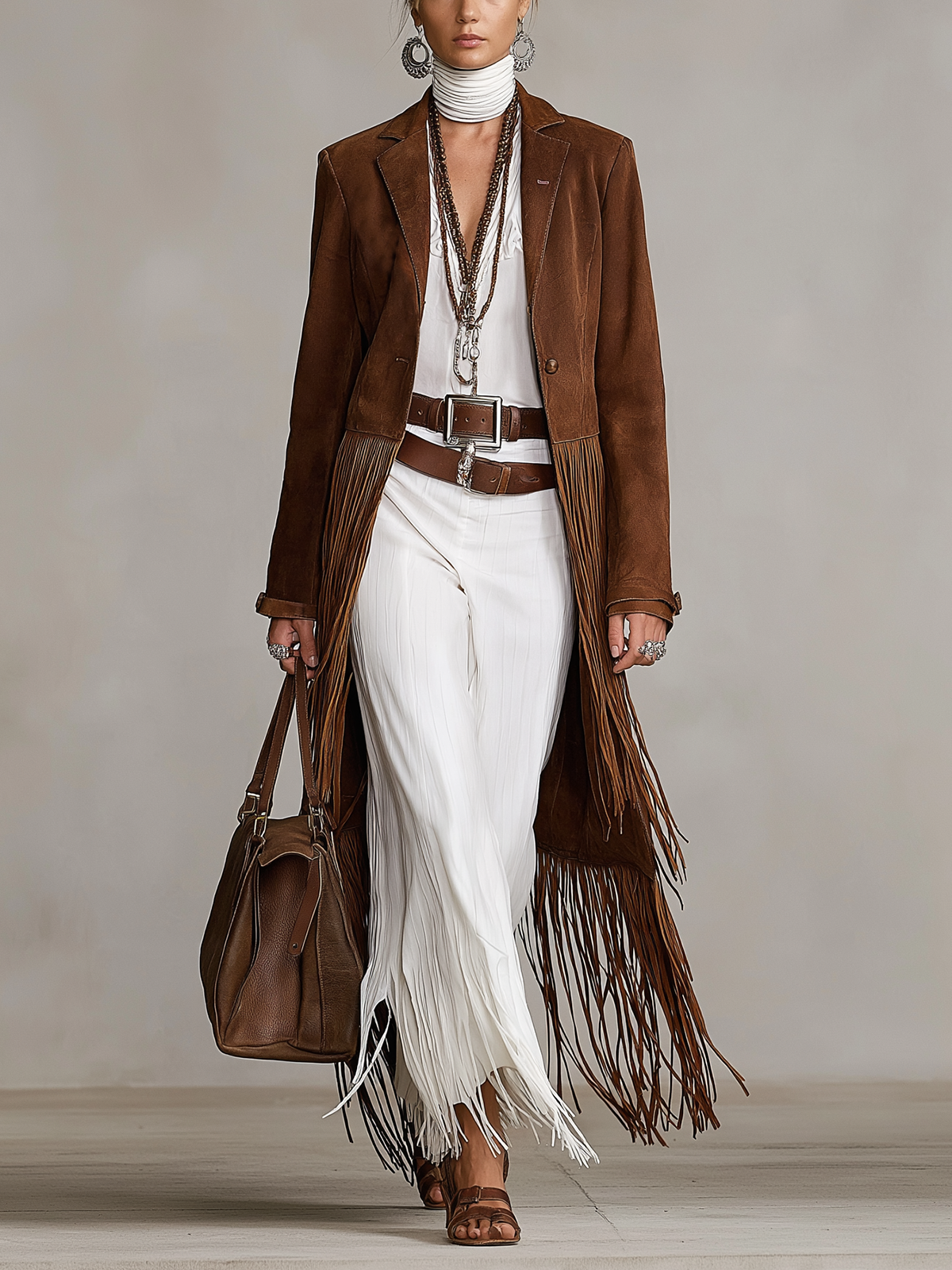 Brown Faux Suede Lapel Fringe Long Coat
