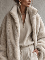 Oatmeal Faux Rabbit Fur Oversized Bomber Jacket
