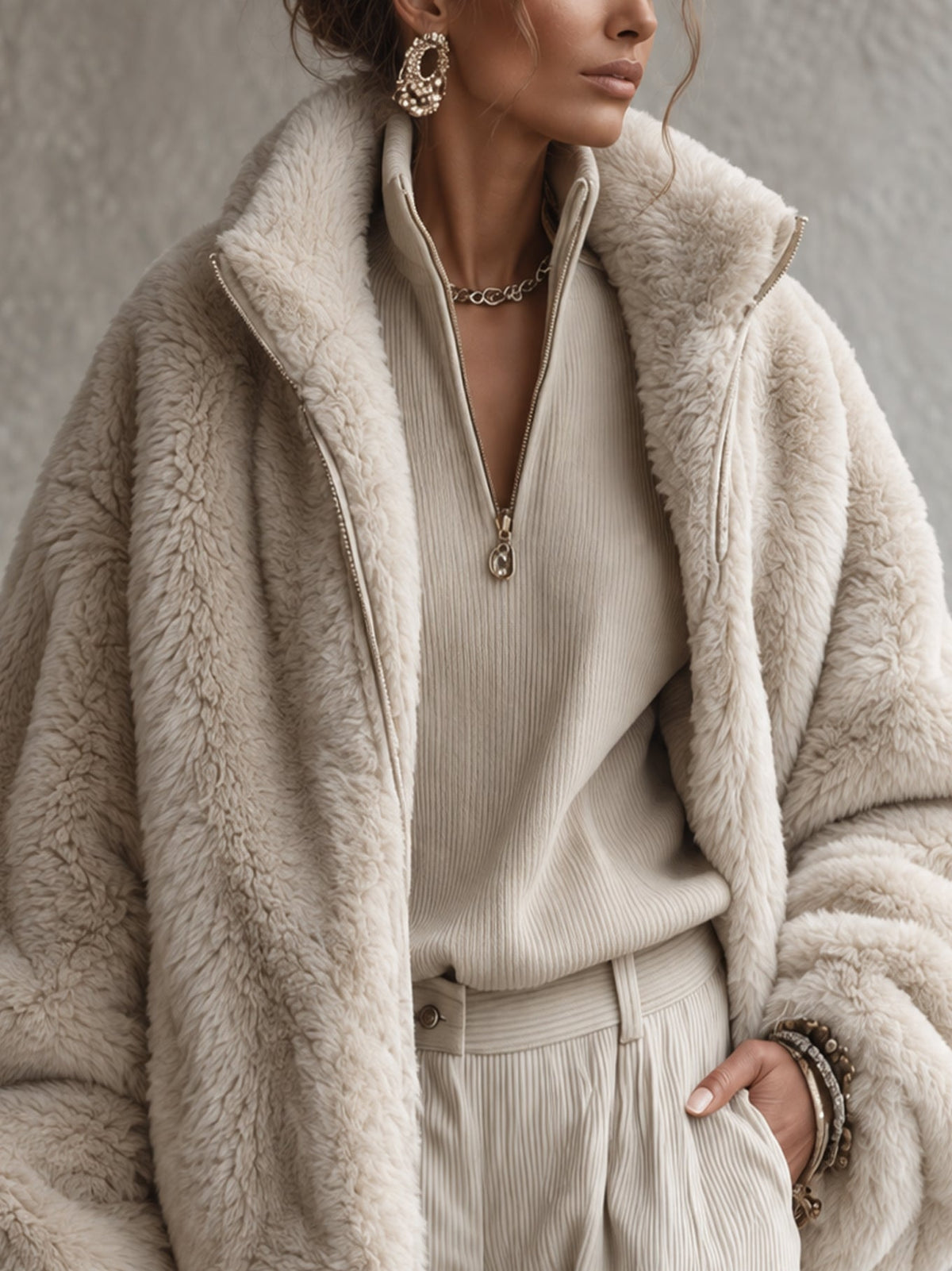 Oatmeal Faux Rabbit Fur Oversized Bomber Jacket