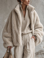 Oatmeal Faux Rabbit Fur Oversized Bomber Jacket
