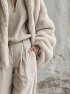 Oatmeal Faux Rabbit Fur Oversized Bomber Jacket