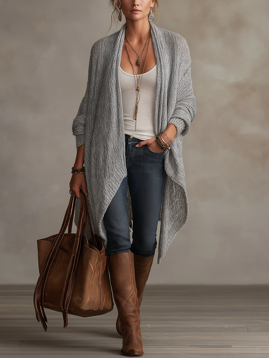 Light Grey Chunky Knit Waterfall Open Front Long Cardigan