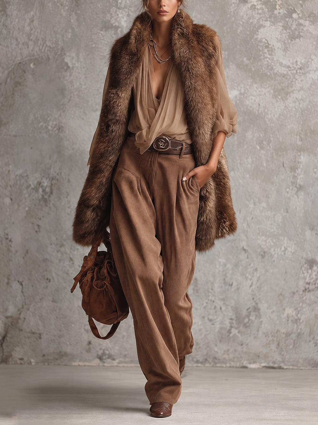 Brown Oversized Faux Fox Fur Sleeveless Longline Coat