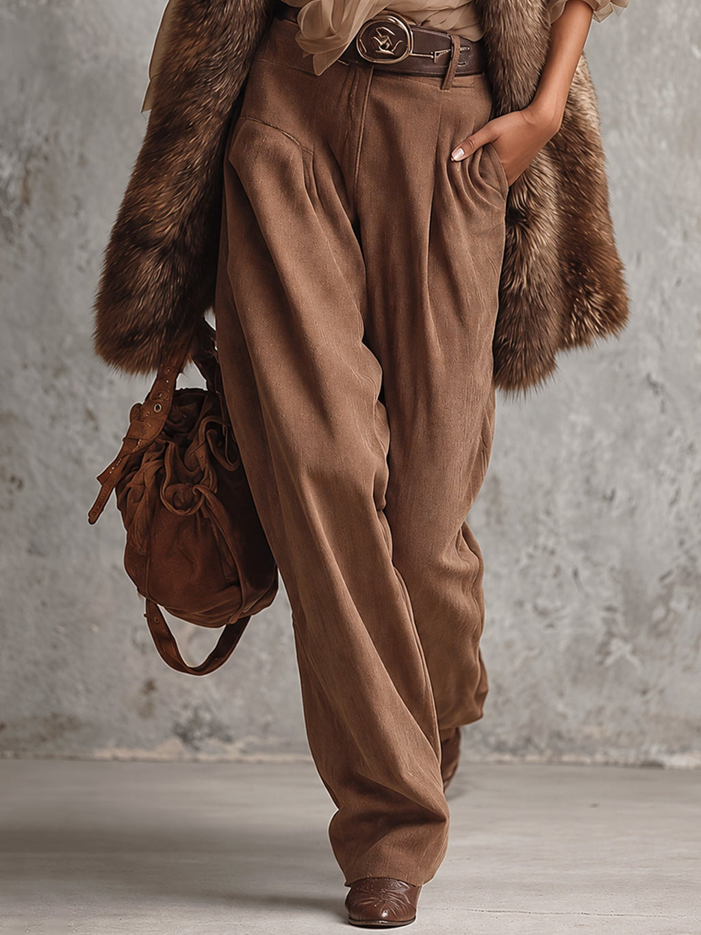 Brown Oversized Faux Fox Fur Sleeveless Longline Coat