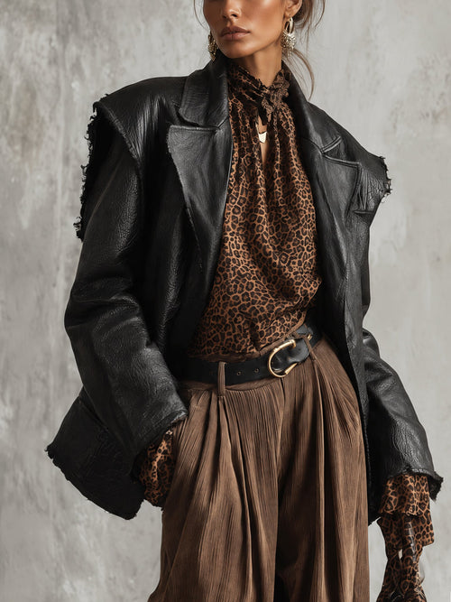 Black Brushed Faux Leather Raw Edge Jacket