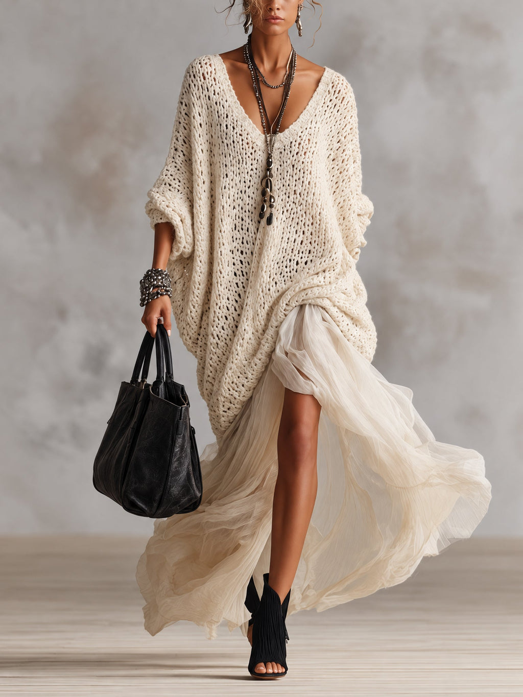 Cream Oversized Chunky Knit V-Neck Maxi Dress with Chiffon Hem