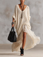 Cream Oversized Chunky Knit V-Neck Maxi Dress with Chiffon Hem