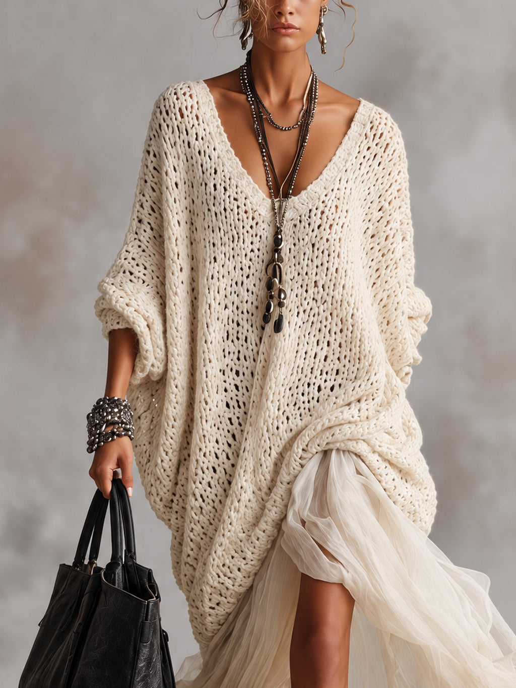 Cream Oversized Chunky Knit V-Neck Maxi Dress with Chiffon Hem