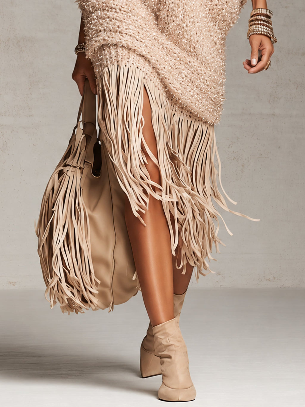 Blush Pink Oversized Hooded Knit Fringe Midi Dress