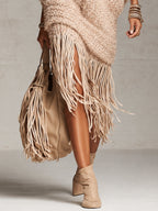 Blush Pink Oversized Hooded Knit Fringe Midi Dress