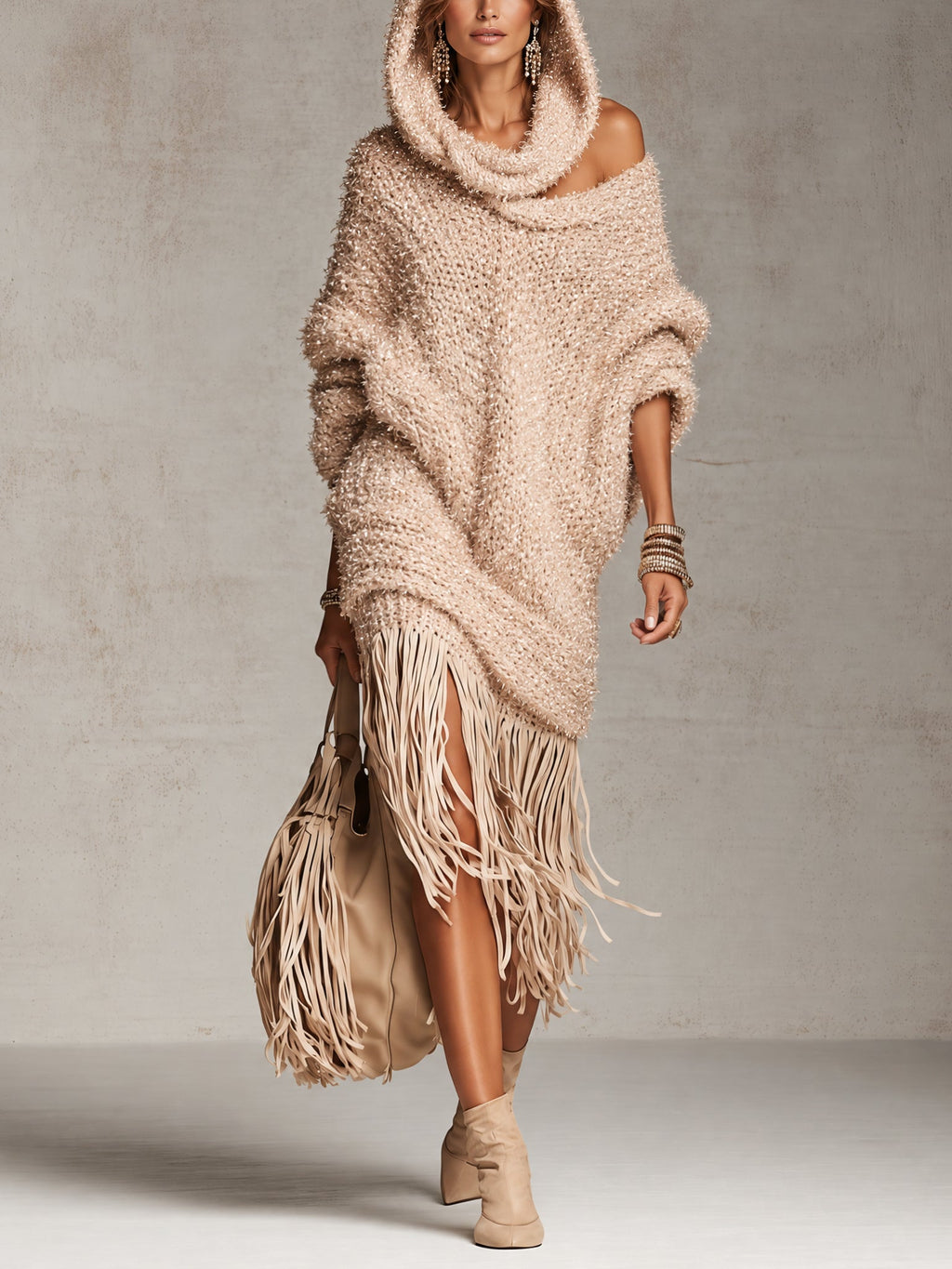 Blush Pink Oversized Hooded Knit Fringe Midi Dress