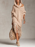 Blush Pink Oversized Hooded Knit Fringe Midi Dress