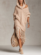 Blush Pink Oversized Hooded Knit Fringe Midi Dress