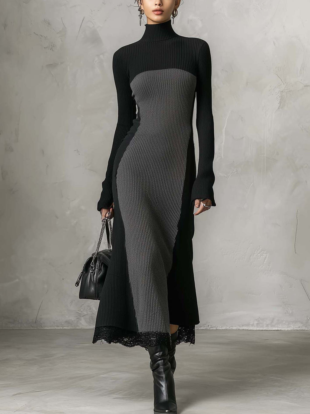Black and Grey Two-Tone Ribbed Knit Bodycon Maxi Dress with Lace Hem