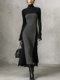 Black and Grey Two-Tone Ribbed Knit Bodycon Maxi Dress with Lace Hem