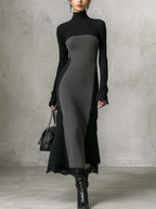 Black and Grey Two-Tone Ribbed Knit Bodycon Maxi Dress with Lace Hem