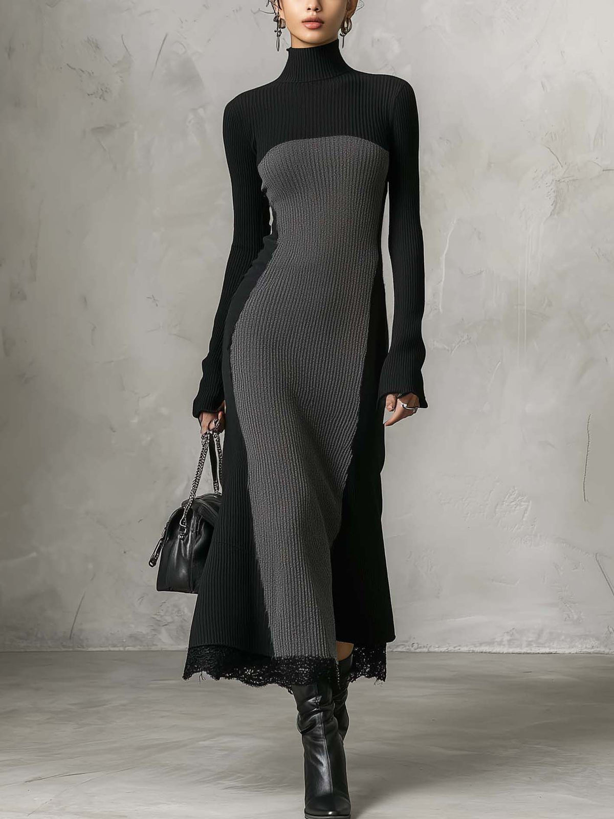Black and Grey Two-Tone Ribbed Knit Bodycon Maxi Dress with Lace Hem