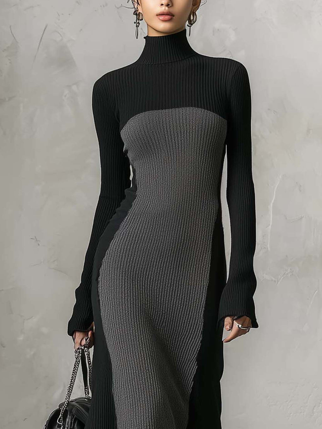 Black and Grey Two-Tone Ribbed Knit Bodycon Maxi Dress with Lace Hem