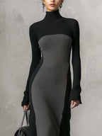 Black and Grey Two-Tone Ribbed Knit Bodycon Maxi Dress with Lace Hem