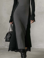 Black and Grey Two-Tone Ribbed Knit Bodycon Maxi Dress with Lace Hem