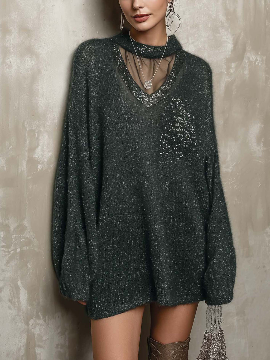 Charcoal Green Knit Mini Dress with Sheer Mesh Yoke and Rhinestone V-Neck
