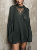 Charcoal Green Knit Mini Dress with Sheer Mesh Yoke and Rhinestone V-Neck