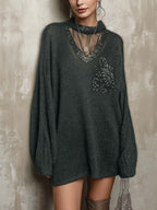 Charcoal Green Knit Mini Dress with Sheer Mesh Yoke and Rhinestone V-Neck