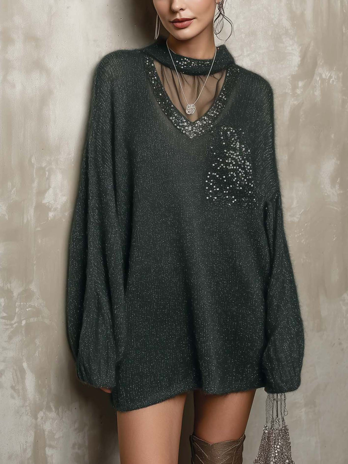 Charcoal Green Knit Mini Dress with Sheer Mesh Yoke and Rhinestone V-Neck