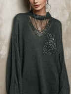 Charcoal Green Knit Mini Dress with Sheer Mesh Yoke and Rhinestone V-Neck